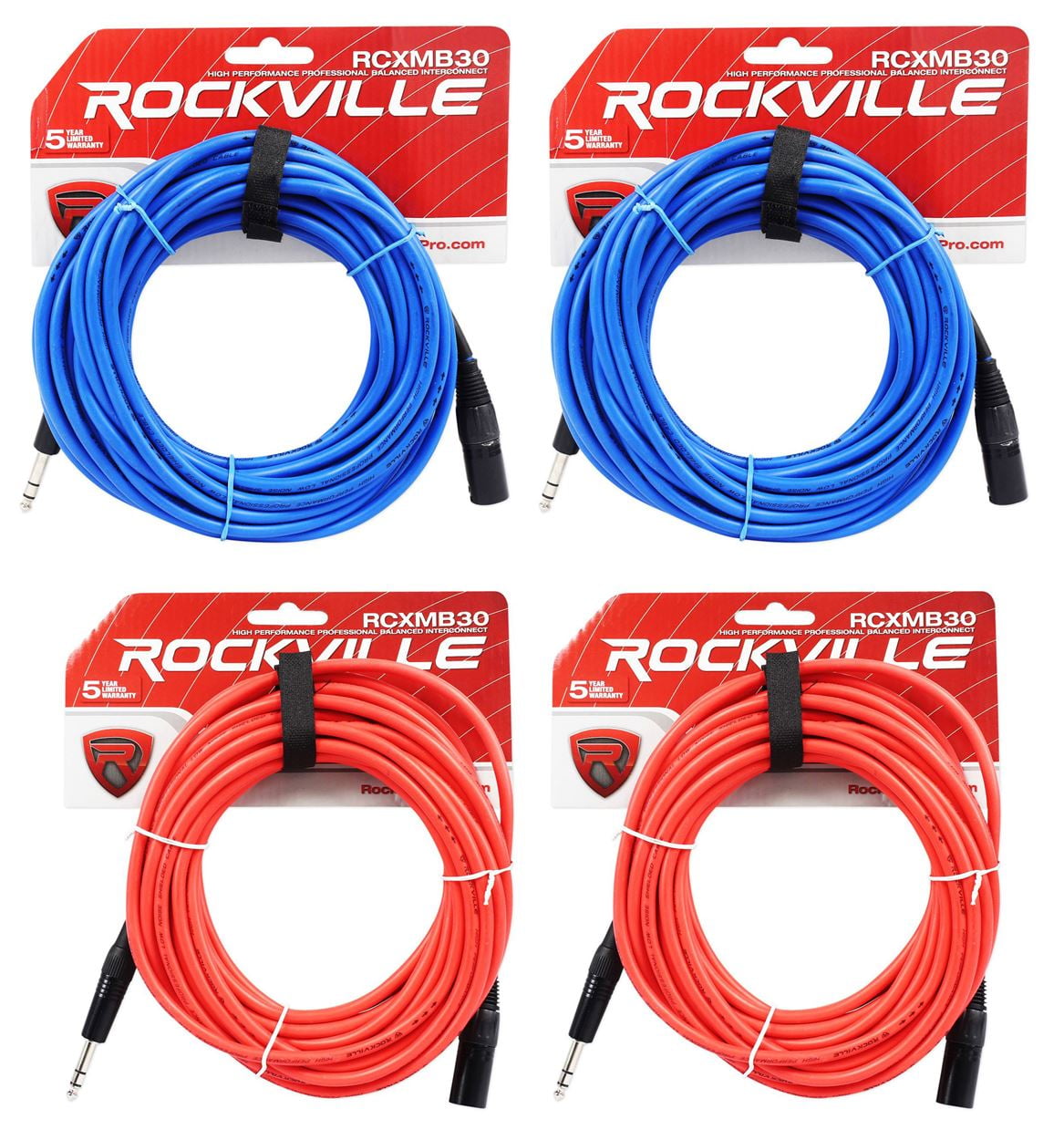 4 Rockville 30' Male REAN XLR to 1/4'' TRS Cable (2 Red and 2 Blue)