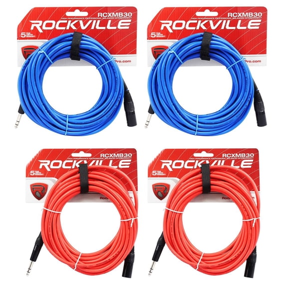 4 Rockville 30' Male REAN XLR to 1/4'' TRS Cable (2 Red and 2 Blue)