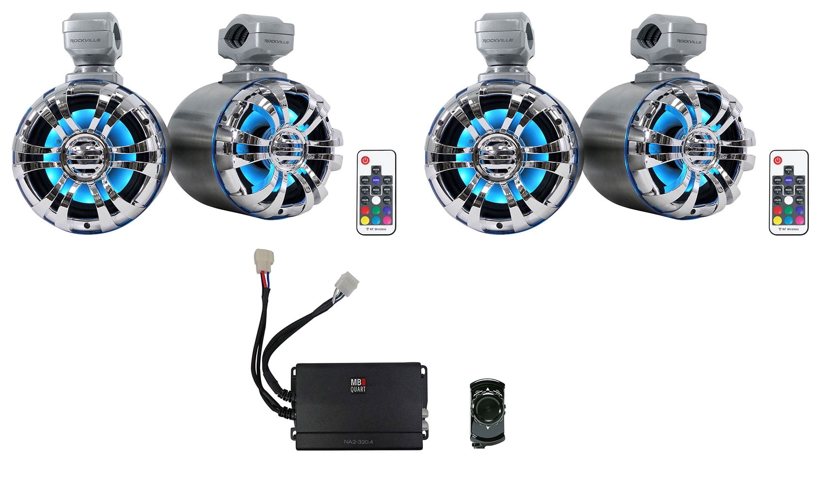 (4) Rockville 5.25" LED Tower Speakers+MB QUART Amp+Bluetooth Ctrl RZR/ATV/UTV