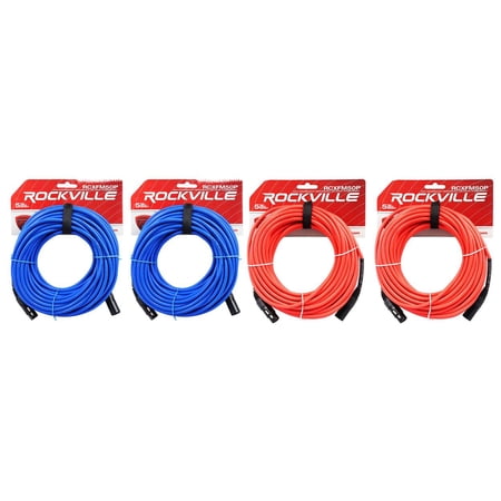 4 Rockville 50' Female to Male REAN XLR Mic Cable (2 Red and 2 Blue)