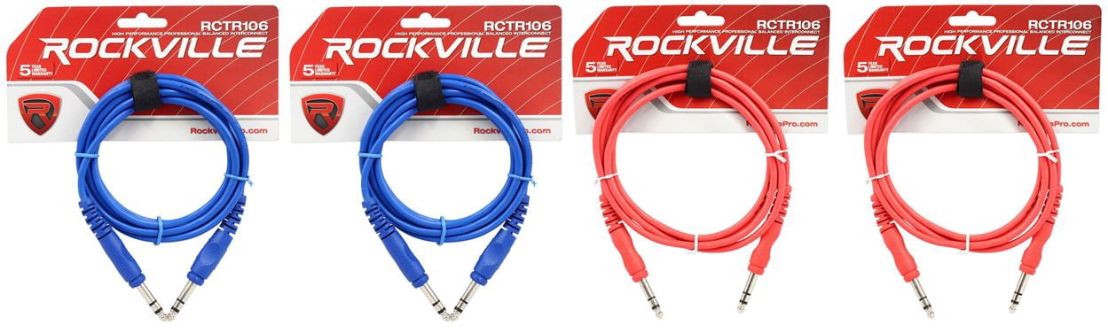4 Rockville 6' 1/4'' TRS to 1/4'' TRS Cable 100% Copper (2 Red and 2 Blue)