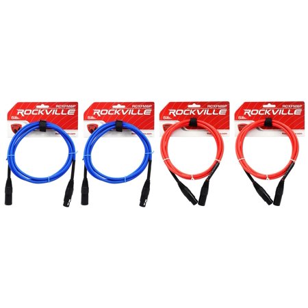 4 Rockville 6' Female to Male REAN XLR Mic Cable (2 Red and 2 Blue)