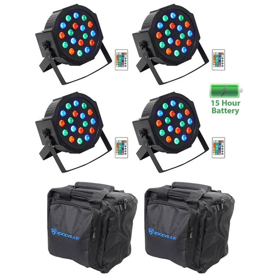 (4) Rockville BATTERY PAR 50 Rechargeable LED DMX DJ Wash Up-Lights+Remotes+Bags