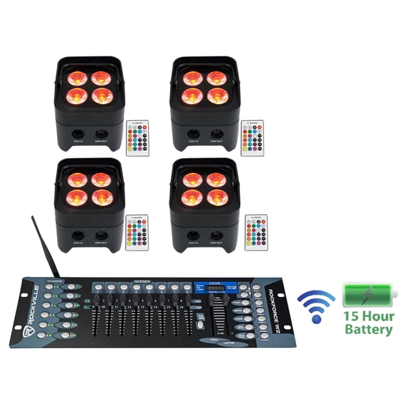 4 Rockville BEST PAR 50 Battery Par Wash Lights Wireless DMX+Controller+RGBWA+UV