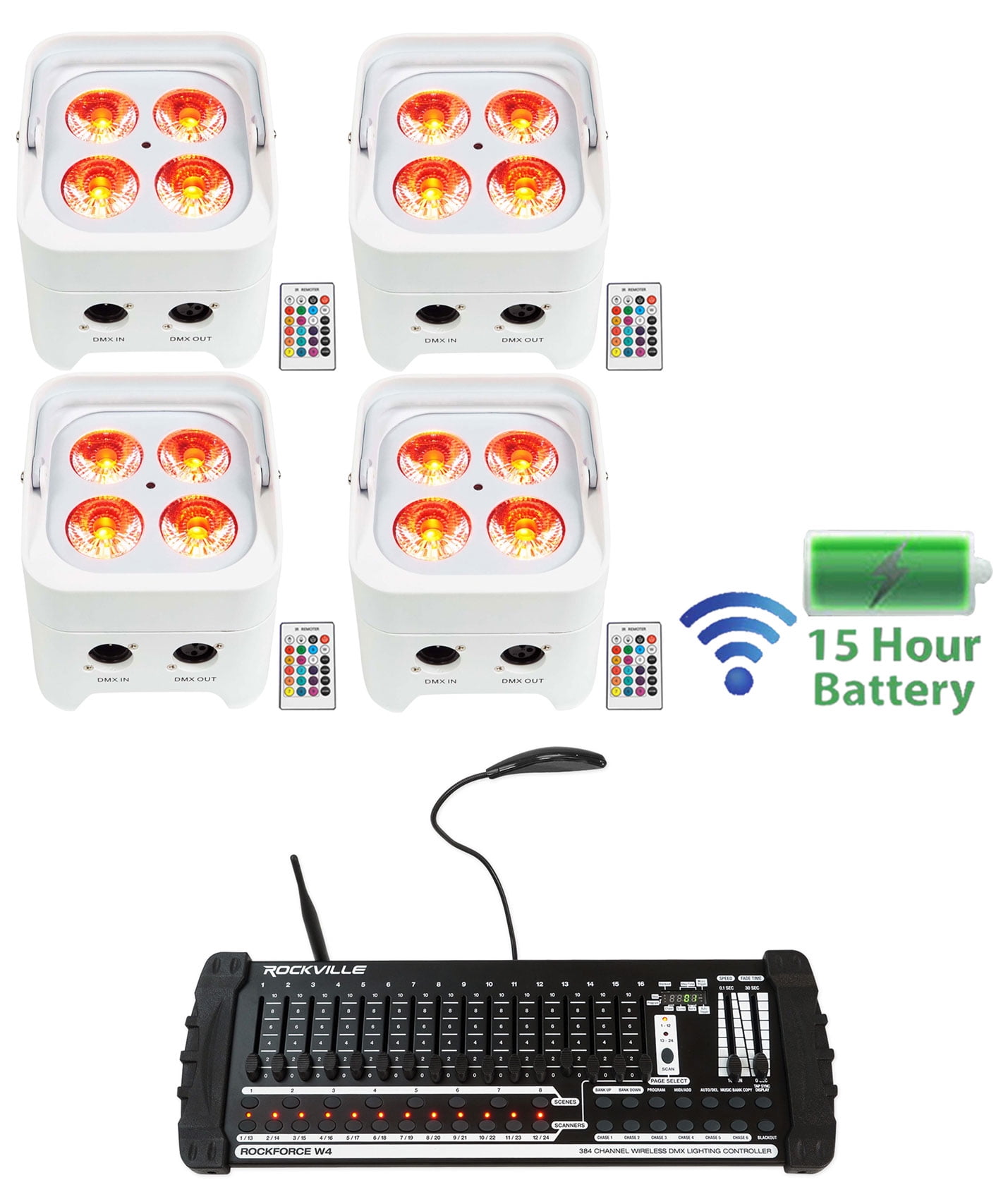 4) Rockville BEST PAR 50 Battery Wash Lights Wireless DMX+384 Channel