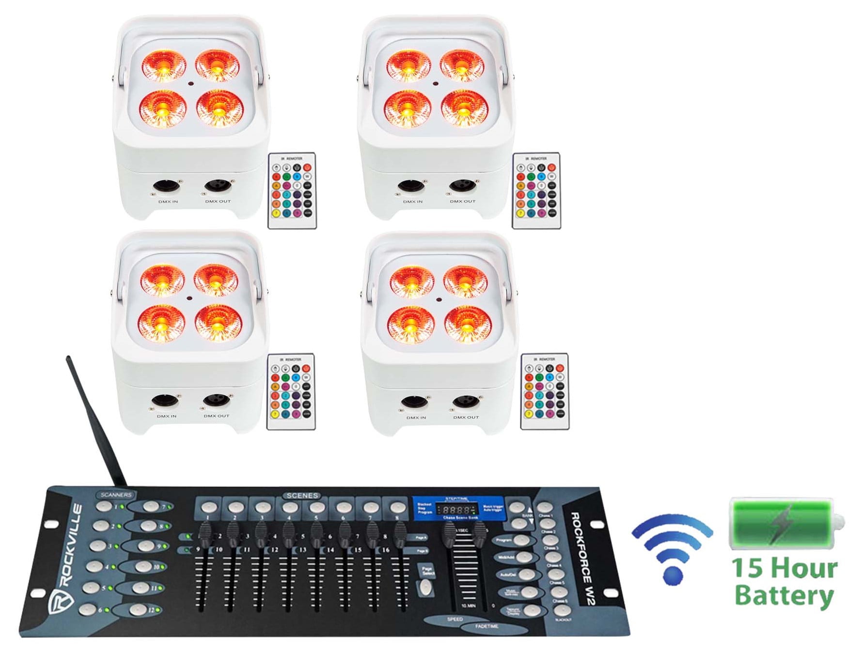 4 Rockville BEST PAR 50 White Battery Wash Lights Wireless DMX+Control