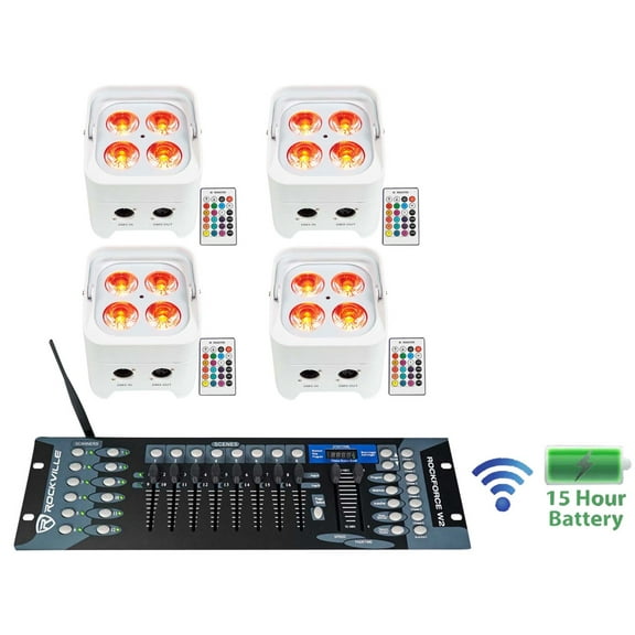 4 Rockville BEST PAR 50 White Battery Wash Lights Wireless DMX+Control+RGBWA+UV