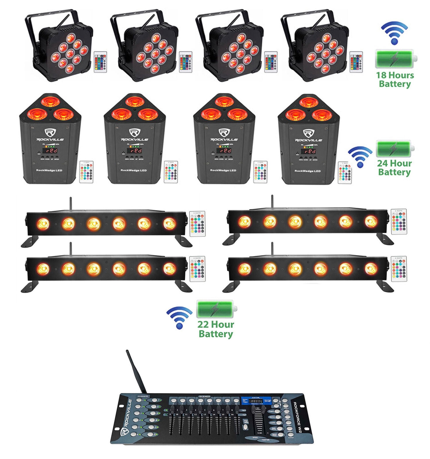 4 Rockville BEST PAR+BEST STRIP+ROCKWEDGE Wireless DMX Battery Lights