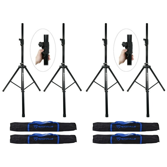 (4) Rockville DJ PA Tripod Speaker Stands Hydraulic Air Auto Lift & Lower+Bags
