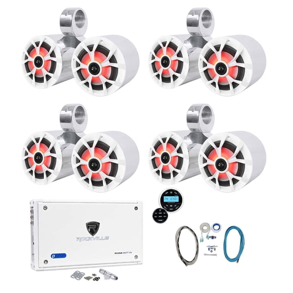 (4) Rockville Dual 6.5" Marine Wakeboard LED Speakers+Receiver+Amplifier+Amp Kit