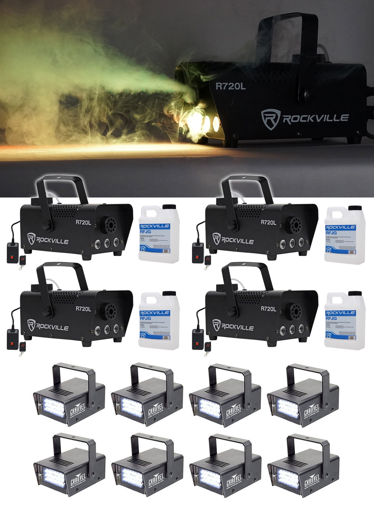 (4) Rockville R720L LED Fog/Smoke Machine+(8) MINI STROBE LED (replaces CH-730)