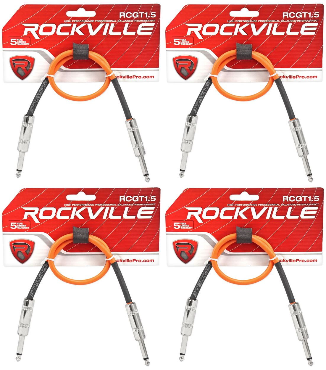 4 Rockville RCGT1.5O 1.5'  1/4" TS to 1/4'' TS Guitar/Instrument Cable