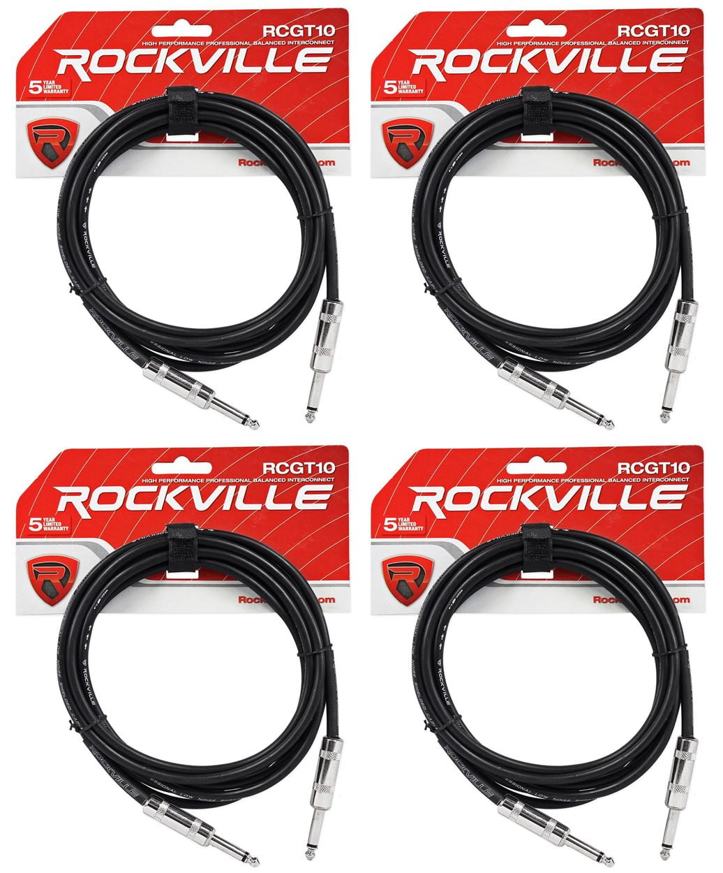4 Rockville RCGT10B 10'  1/4" TS to 1/4'' TS Guitar/Instrument Cable