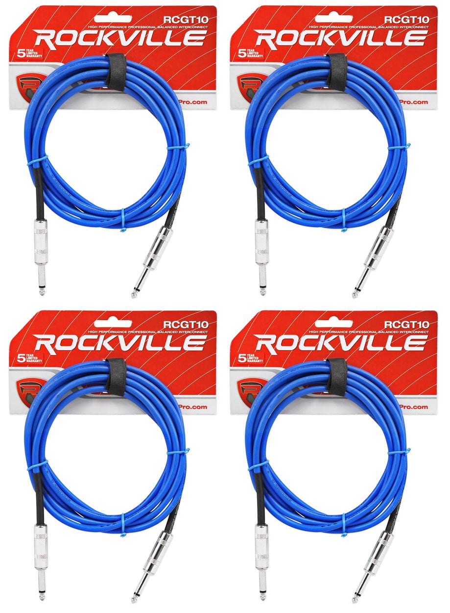 4 Rockville RCGT10BL 10'  1/4" TS to 1/4'' TS Guitar/Instrument Cable