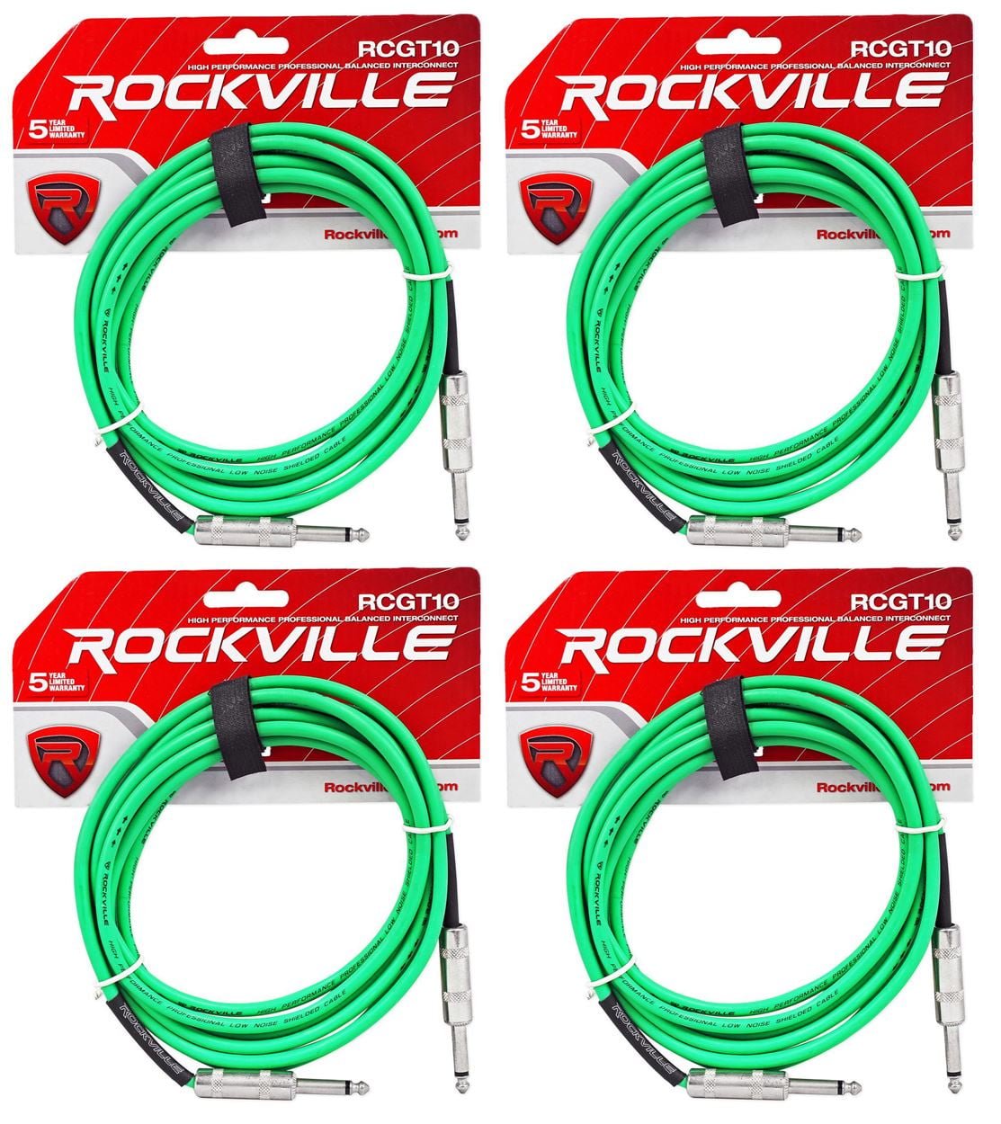 4 Rockville RCGT10G 10'  1/4" TS to 1/4'' TS Guitar/Instrument Cable