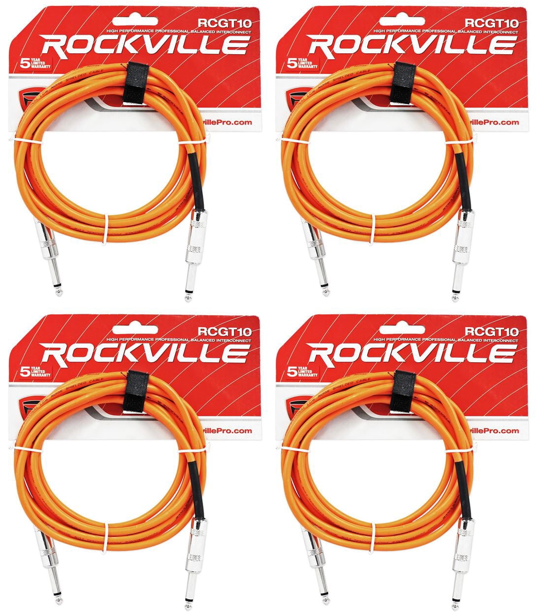 4 Rockville RCGT10O 10'  1/4" TS to 1/4'' TS Guitar/Instrument Cable