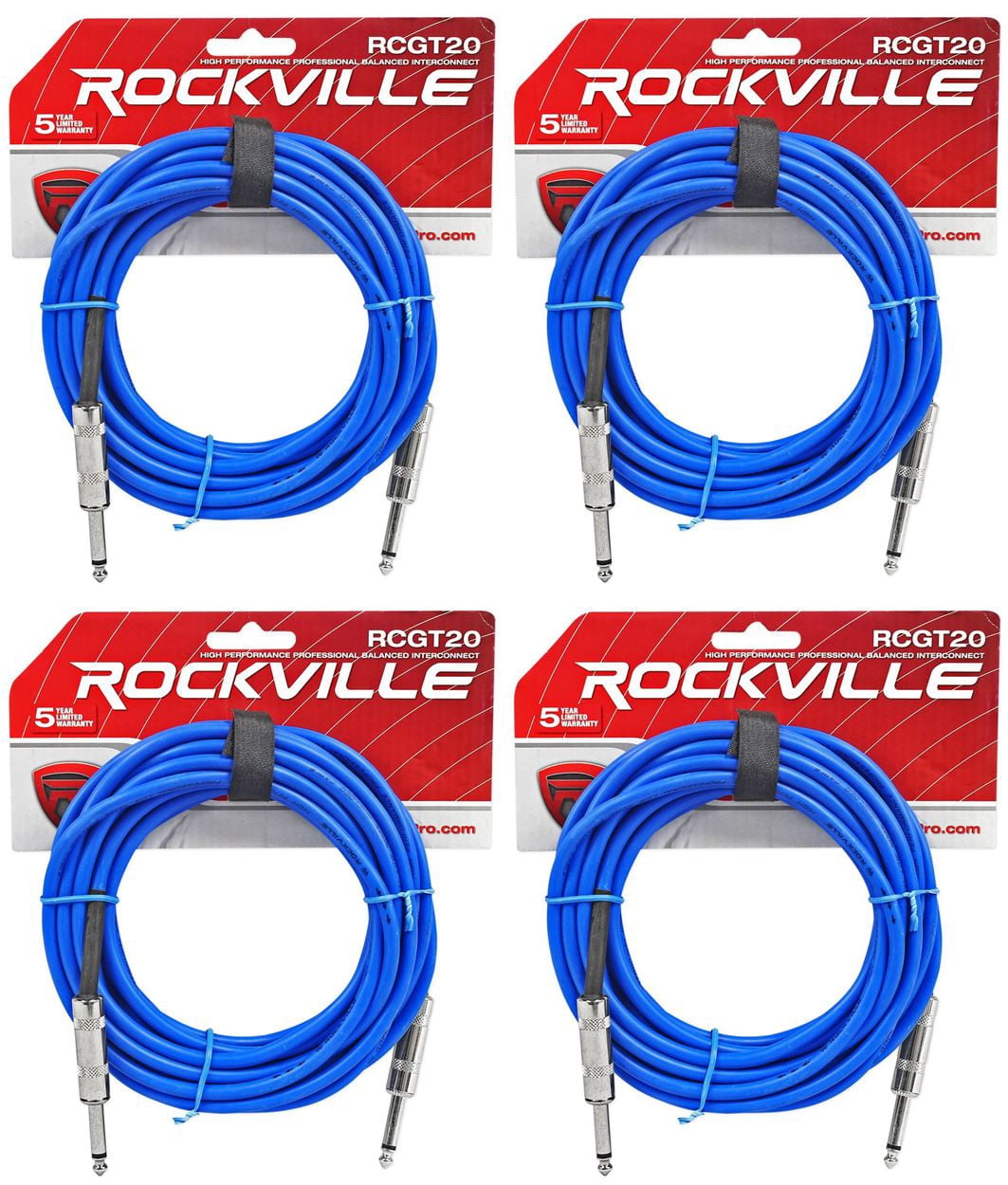4 Rockville RCGT20BL 20'  1/4" TS to 1/4'' TS Guitar/Instrument Cable