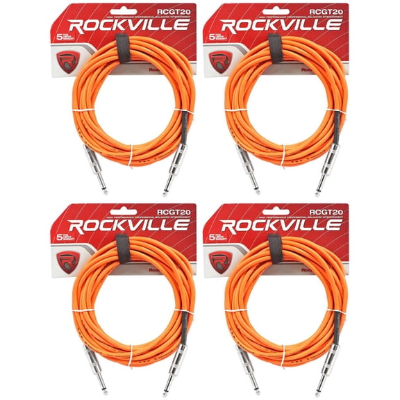 4 Rockville RCGT20O 20'  1/4" TS to 1/4'' TS Guitar/Instrument Cable