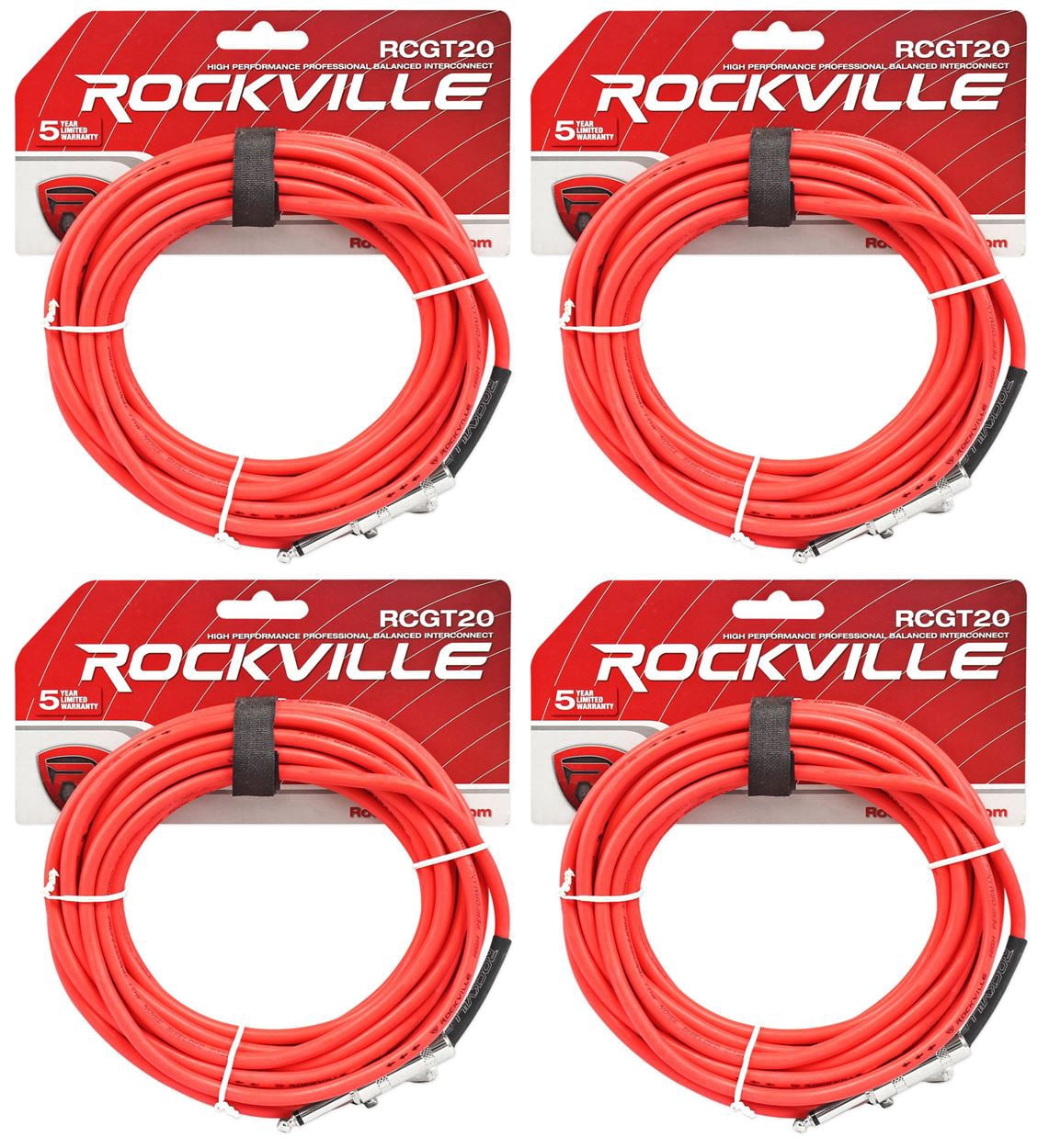 4 Rockville RCGT20R 20'  1/4" TS to 1/4'' TS Guitar/Instrument Cable