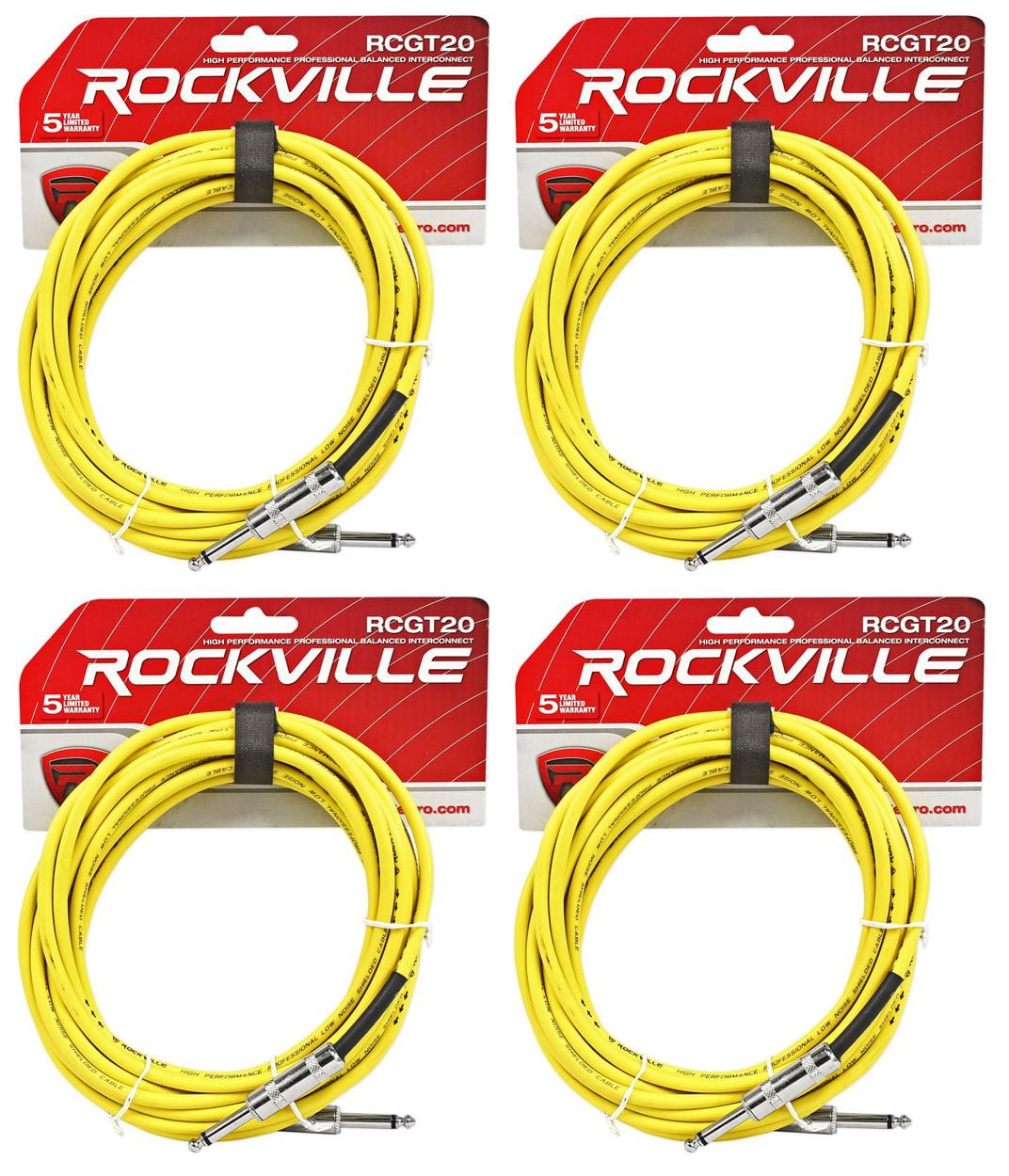 4 Rockville RCGT20Y 20'  1/4" TS to 1/4'' TS Guitar/Instrument Cable