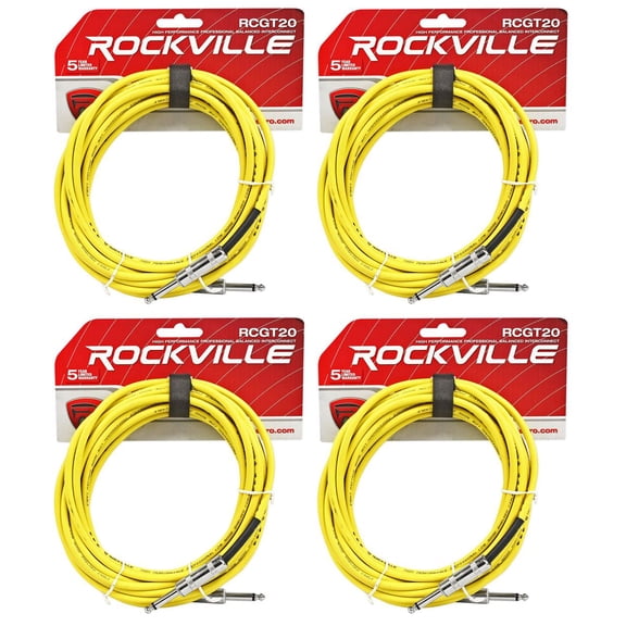 4 Rockville RCGT20Y 20'  1/4" TS to 1/4'' TS Guitar/Instrument Cable