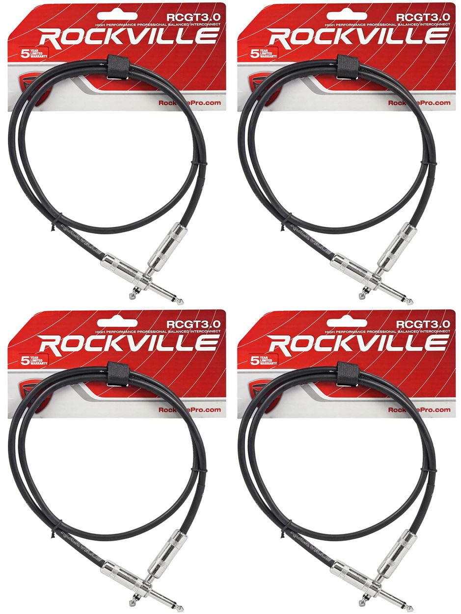 4 Rockville RCGT3.0B 3'  1/4" TS to 1/4'' TS Guitar Pedal Board/Instrument Cable