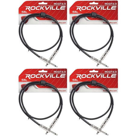 4 Rockville RCGT3.0B 3' 1/4" TS to 1/4'' TS Guitar Pedal Board/Instrument Cable