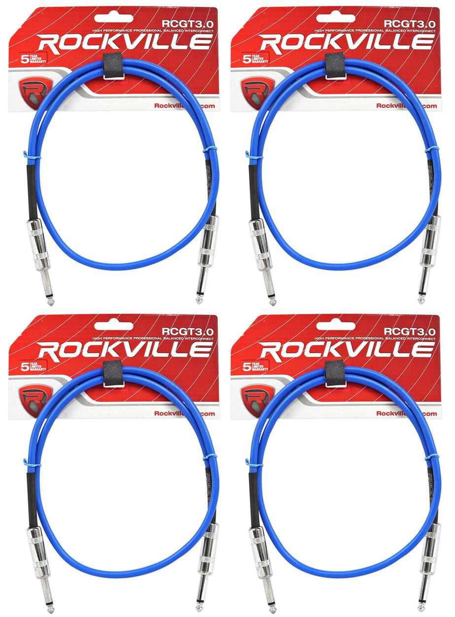 4 Rockville RCGT3.0BL 3'  1/4" TS to 1/4'' TS Guitar/Instrument Cable