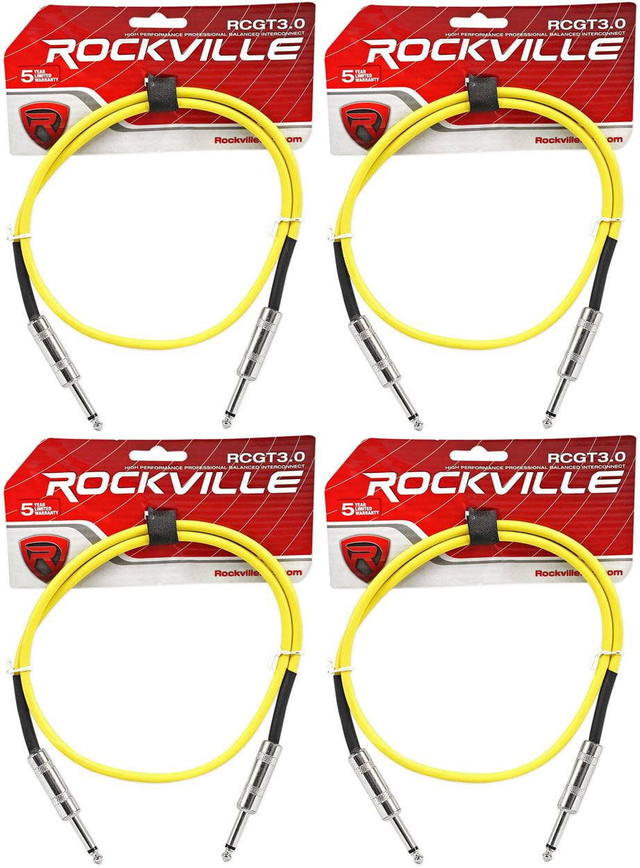 4 Rockville RCGT3.0Y 3'  1/4" TS to 1/4'' TS Guitar/Instrument Cable