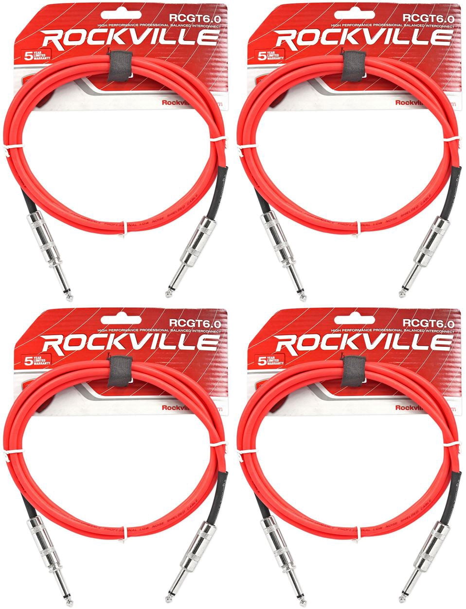 4 Rockville RCGT6.0R 6'  1/4" TS to 1/4'' TS Guitar/Instrument Cable
