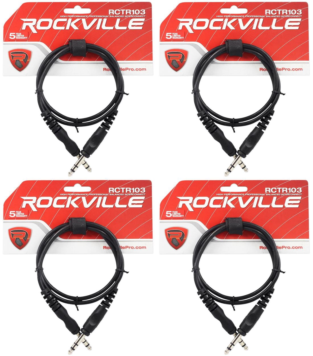4 Rockville RCTR103B Black 3' 1/4'' TRS to 1/4'' TRS Cable 100% Copper
