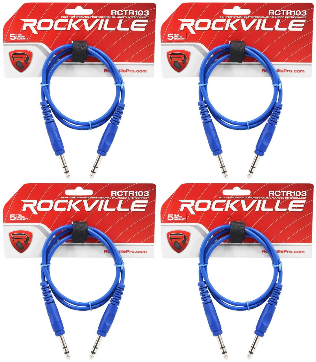 4 Rockville RCTR103BL Blue 3' 1/4'' TRS to 1/4'' TRS Cable 100% Copper