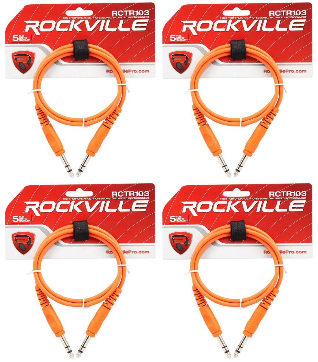 4 Rockville RCTR103O Orange 3' 1/4'' TRS to 1/4'' TRS Cable 100% Copper
