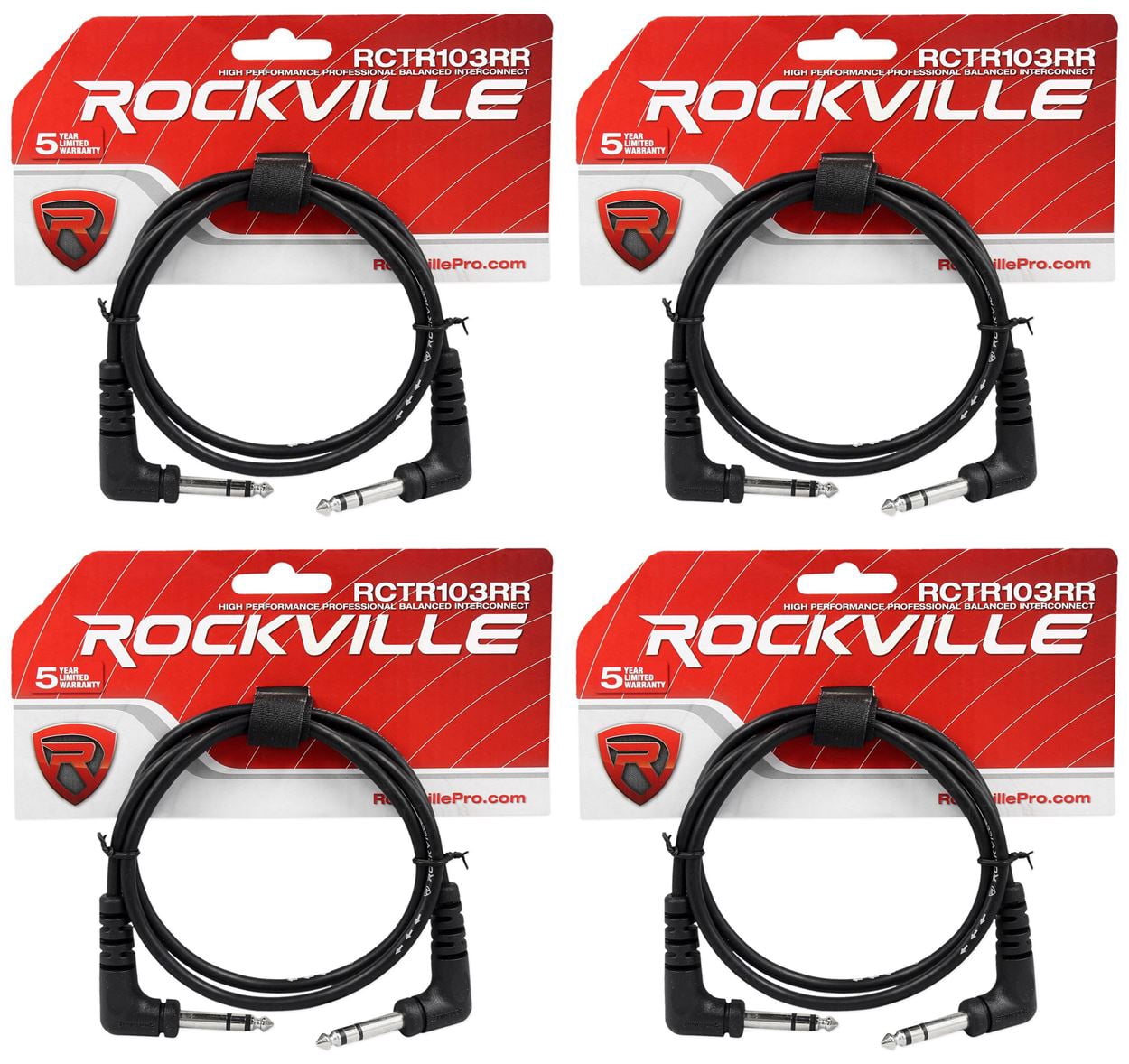 4 Rockville RCTR103RR-B 3' Black 1/4" TRS Right Angle to Same Cable 100% Copper
