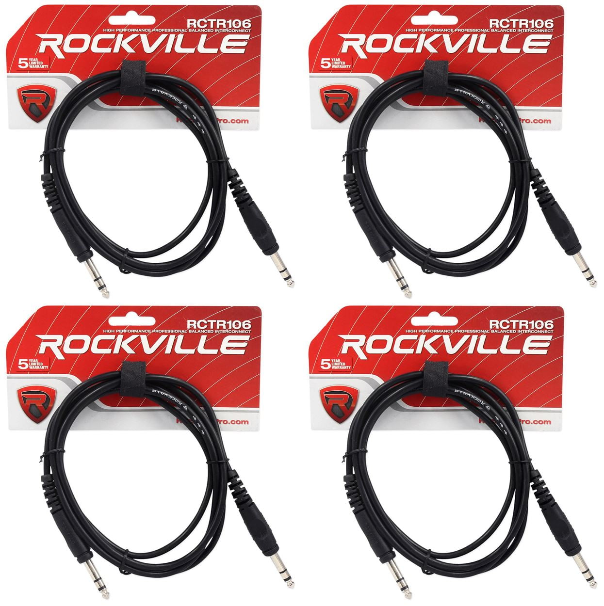 4 Rockville RCTR106B Black 6' 1/4'' TRS to 1/4'' TRS Cable 100% Copper