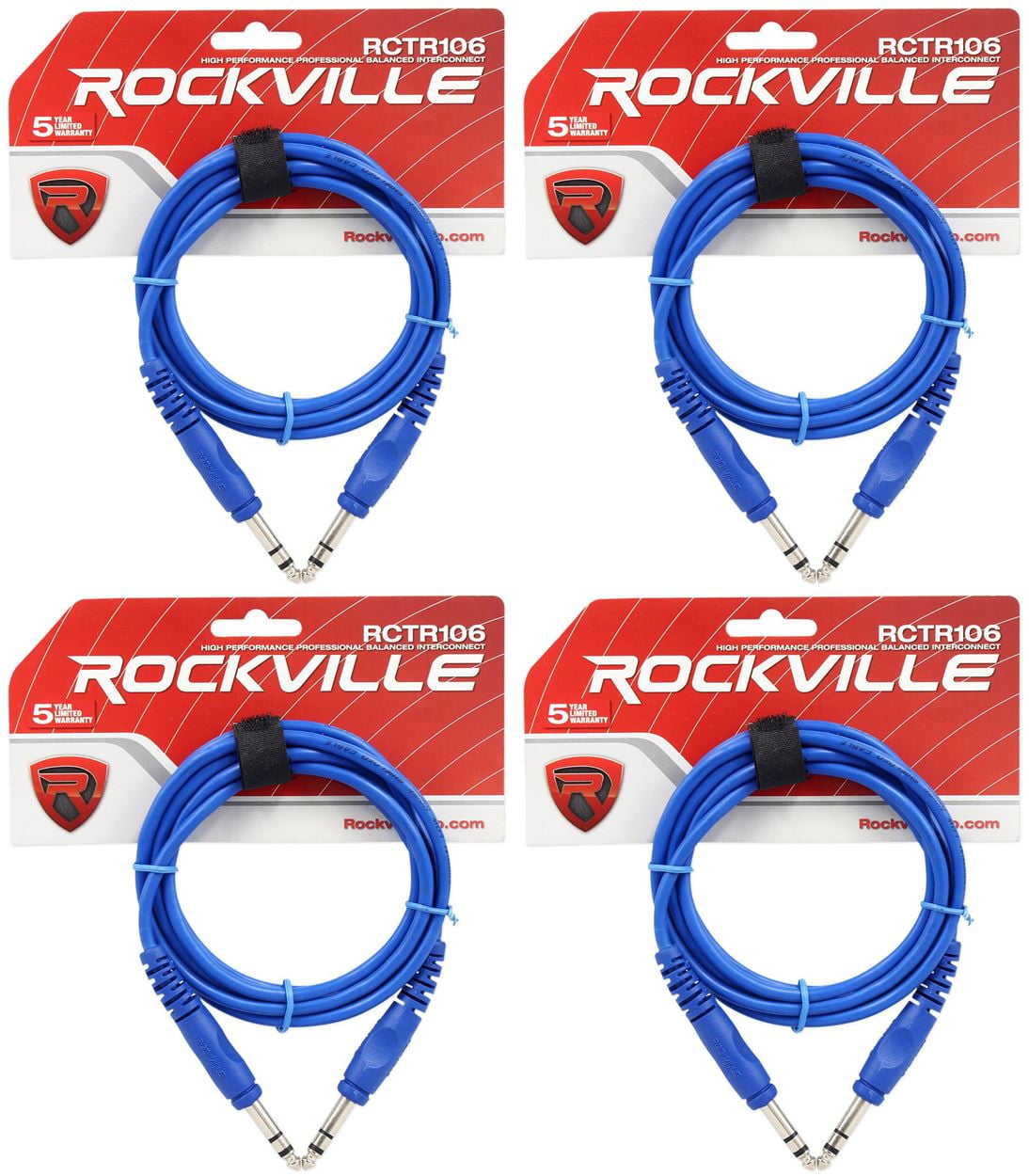 4 Rockville RCTR106BL Blue 6' 1/4'' TRS to 1/4'' TRS Cable 100% Copper