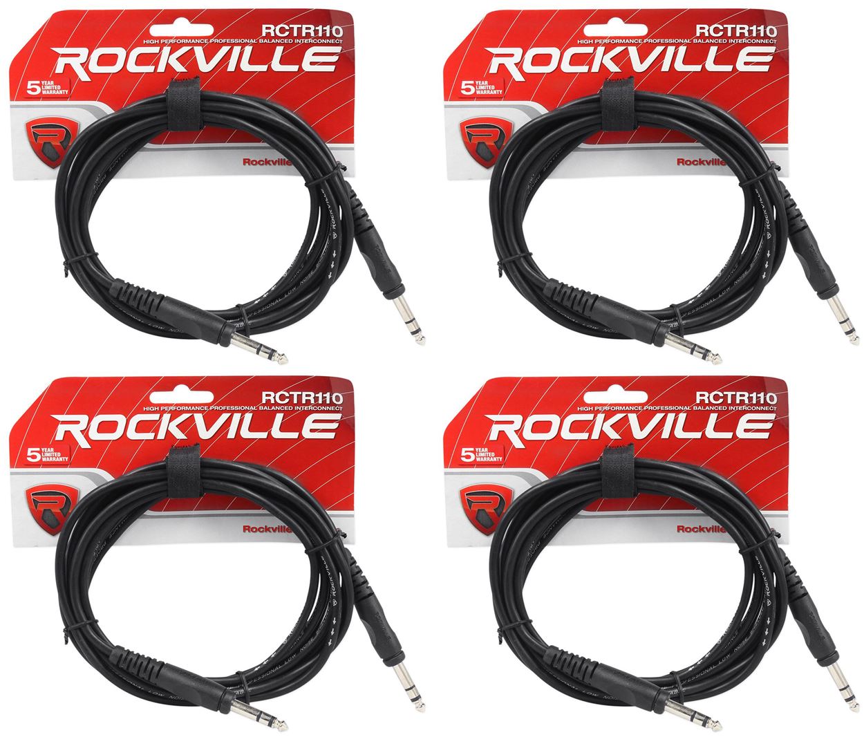 4 Rockville RCTR110B Black 10' 1/4'' TRS to 1/4'' TRS  Cable 100% Copper