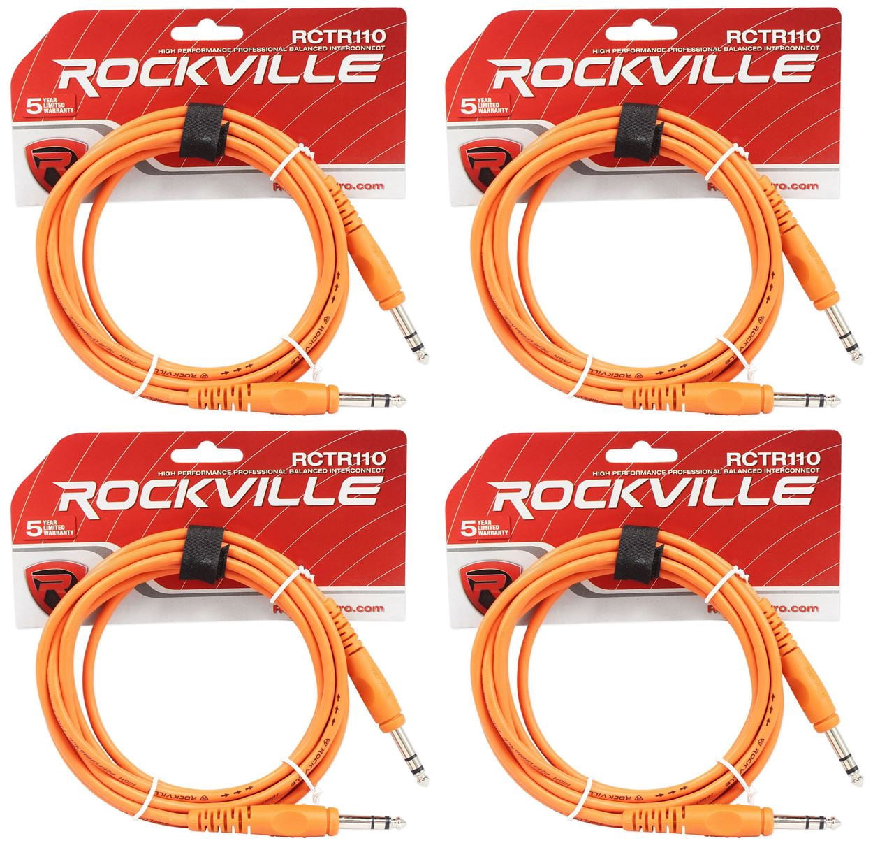 4 Rockville RCTR110O Orange 10' 1/4'' TRS to 1/4'' TRS Cable 100% Copper
