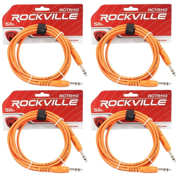 4 Rockville RCTR110O Orange 10' 1/4'' TRS to 1/4'' TRS Cable 100% Copper
