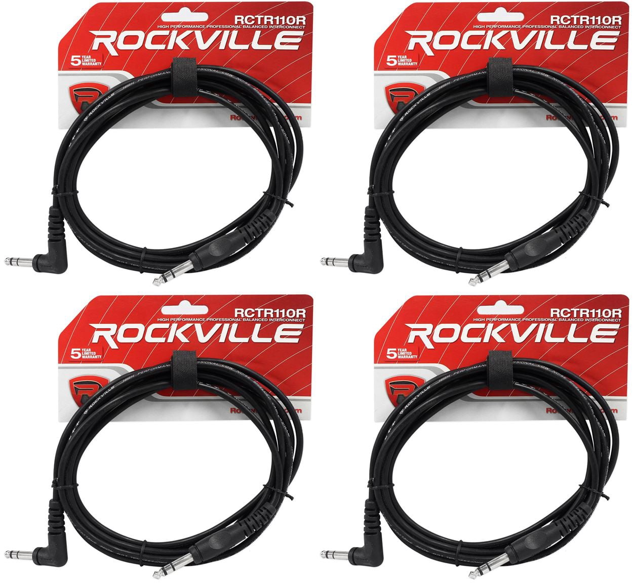 4 Rockville RCTR110R-B 10' 1/4" TRS Right Angle - 1/4" TRS Straight Cable