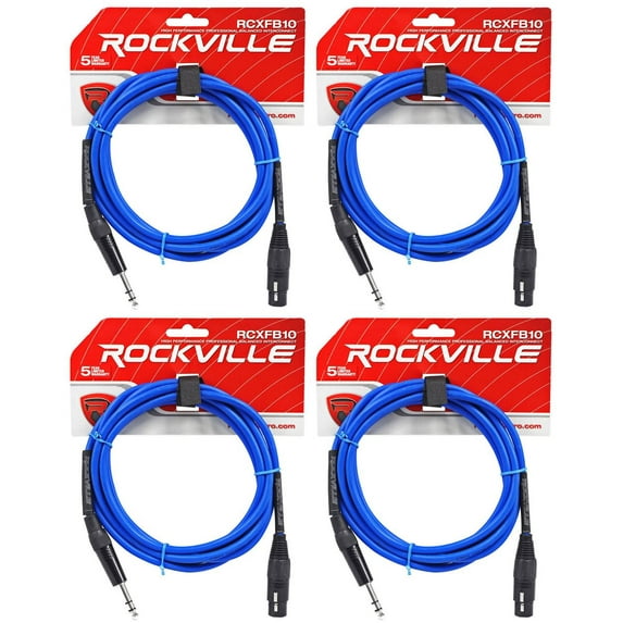 4 Rockville RCXFB10Bl Blue 10' Female REAN XLR to 1/4'' TRS Balanced Cables OFC