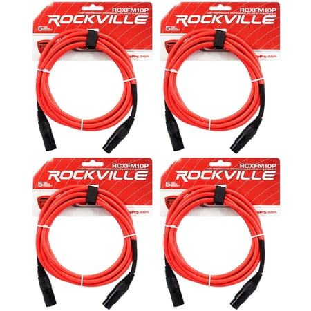 4 Rockville RCXFM10P-R Red 10' Female to Male REAN XLR Mic Cables 100% Copper
