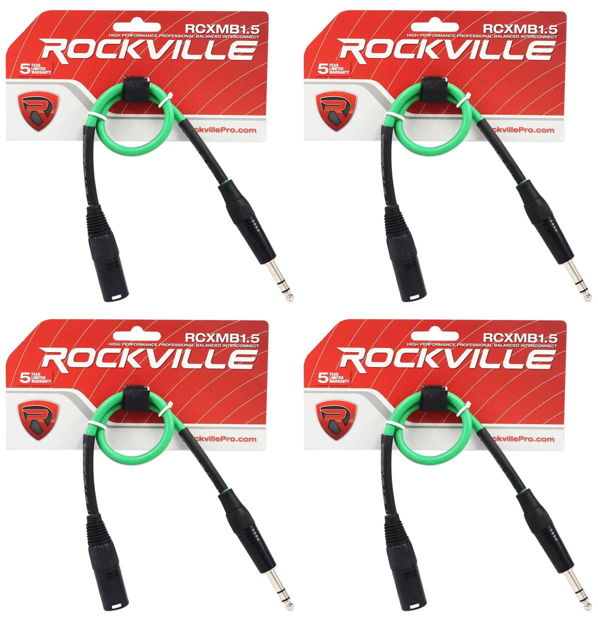 4 Rockville RCXMB1.5G Green 1.5' Male REAN XLR to 1/4'' TRS Balanced Cables