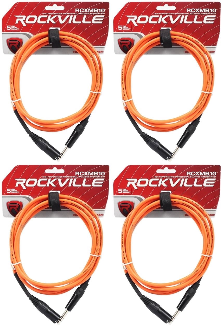 Rockville RCXMB10-O 10 Ft XLR Male to 1/4 Inch TRS Cable, 24 AWG OFC, Spiral Shield, Orange, for Audio Connections, 4-piece