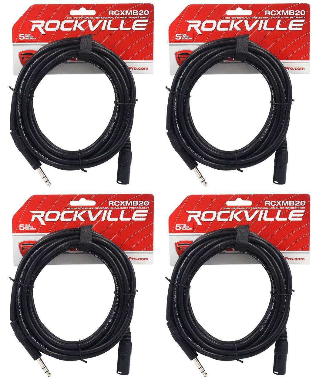 4 Rockville RCXMB20-B Black 20' Male REAN XLR to 1/4'' TRS Balanced Cables