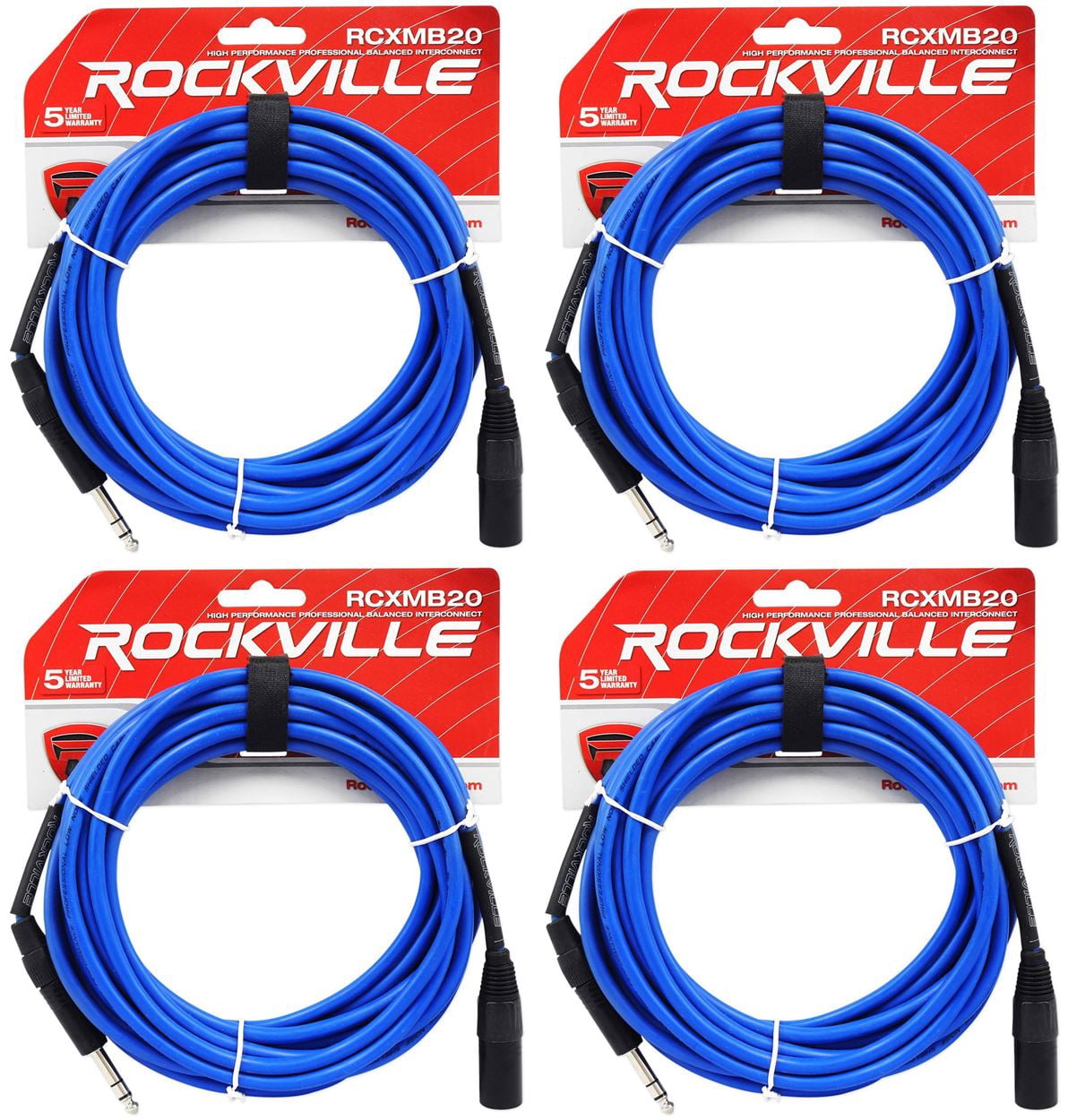4 Rockville RCXMB20-BL Blue 20' Male REAN XLR to 1/4'' TRS Balanced Cables