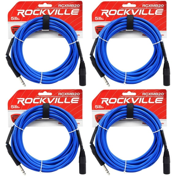 4 Rockville RCXMB20-BL Blue 20' Male REAN XLR to 1/4'' TRS Balanced Cables