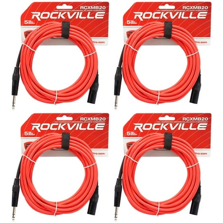 4 Rockville RCXMB20-R Red 20' Male REAN XLR to 1/4'' TRS Balanced Cables