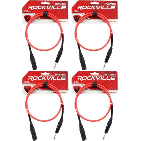 4 Rockville RCXMB3-R Red 3' Male REAN XLR to 1/4'' TRS Balanced Cables