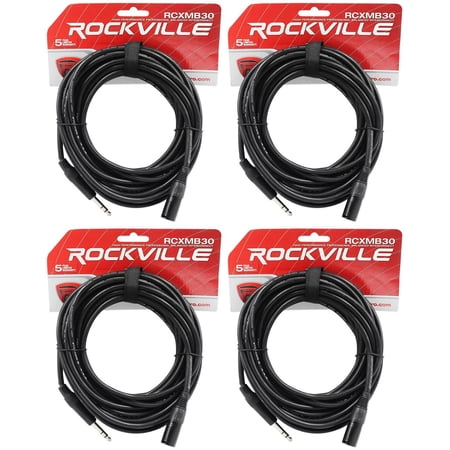 4 Rockville RCXMB30-B Black 30' Male REAN XLR to 1/4'' TRS Balanced Cables